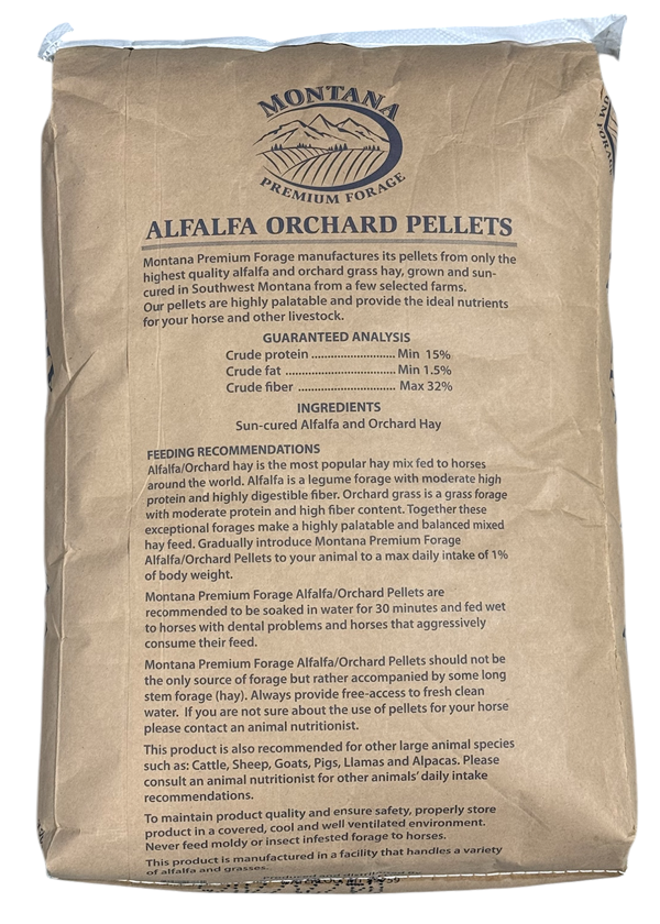 Montana Premium Forage Alfalfa Orchard Grass Pellets 40 lb bag and feeding guide