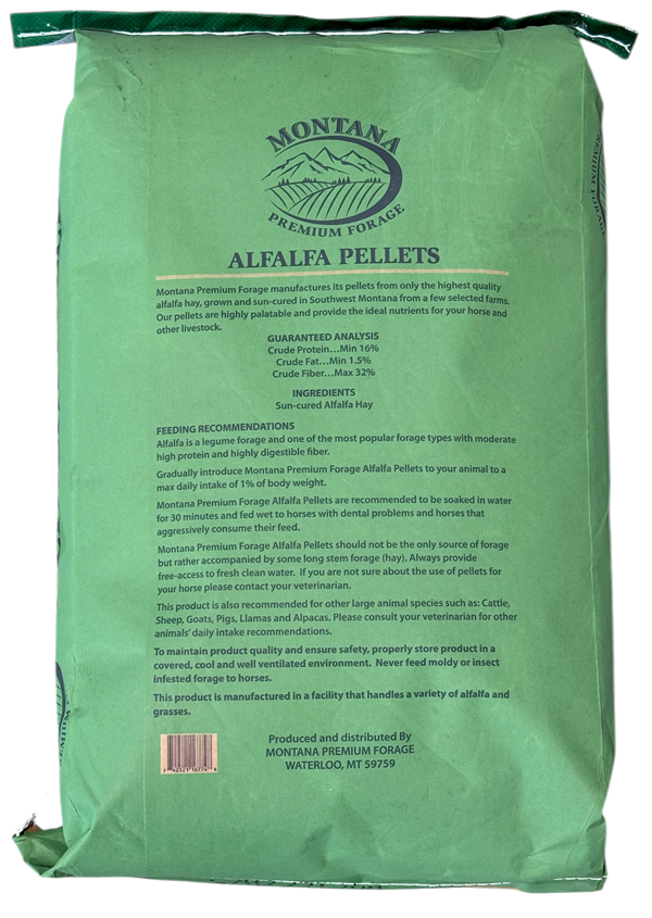 Montana Premium Forage Alfalfa Pellets 40 lb bag with feeding recommendations