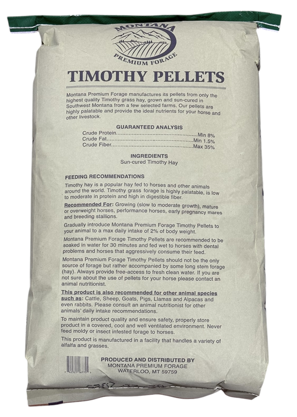 Montana Premium Forage Timothy Pellets 40 lb bag with guaranteed analysis