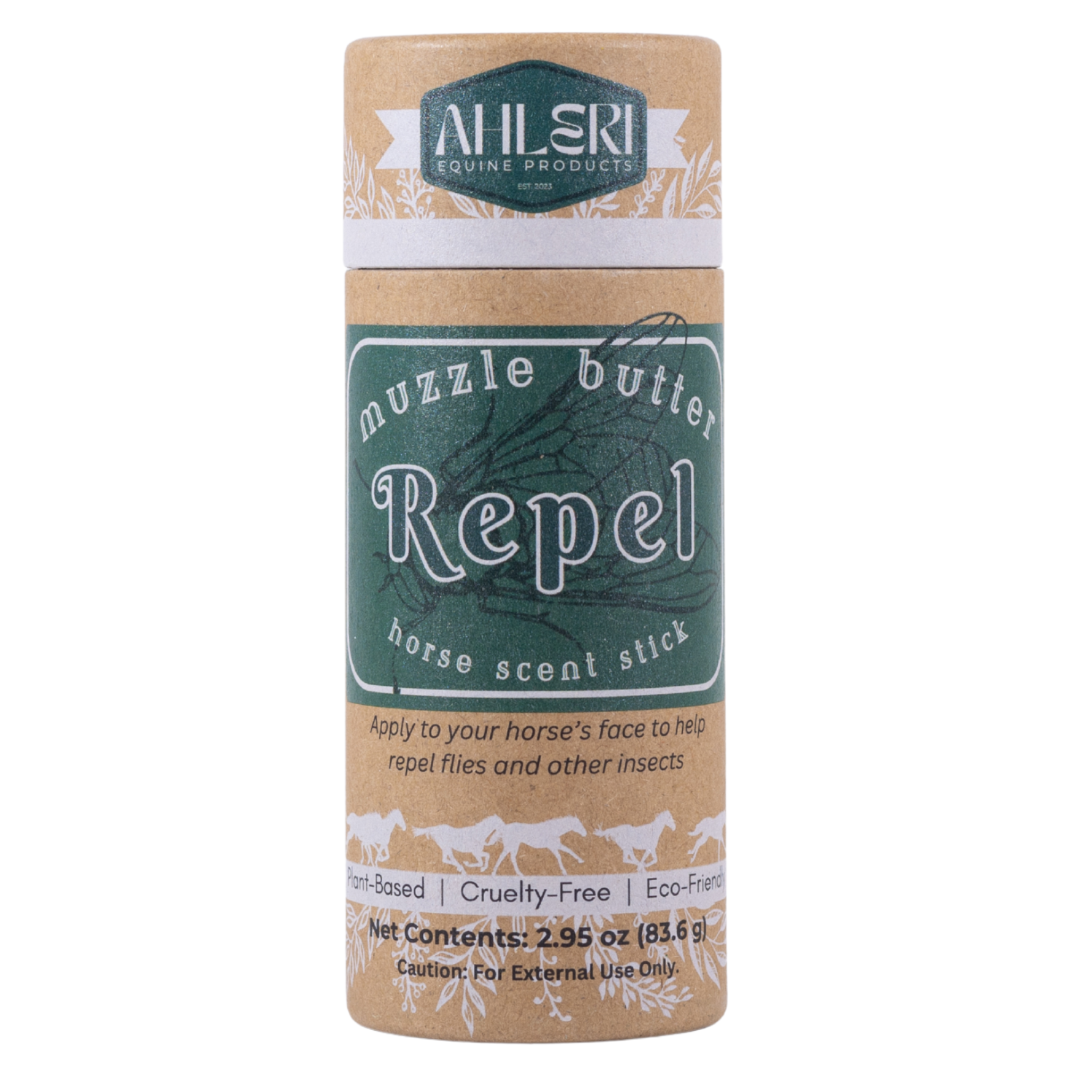 Muzzle Butter Repel horse scent stick label showing plant-based cruelty-free 2.95 oz balm