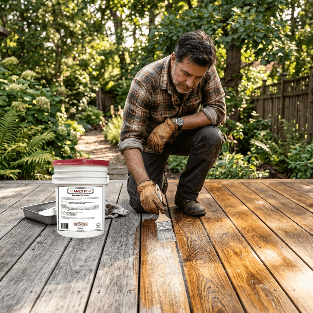 Applying Flamex PF-2 fire retardant to exterior wood deck boards