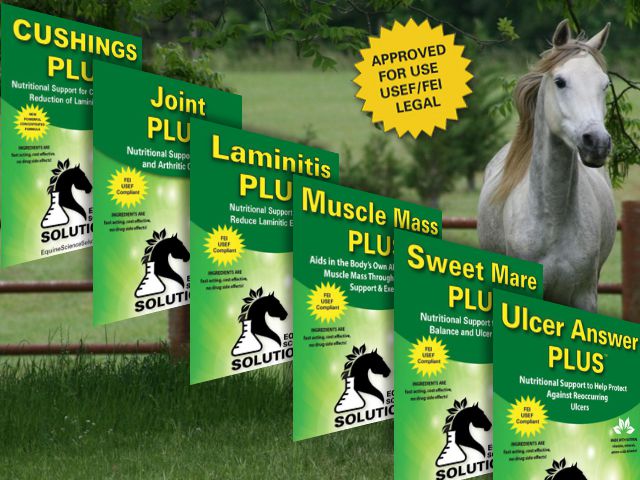 Equine Science Solutions PLUS supplement line, including the Laminitis PLUS package, displayed in front of a pasture