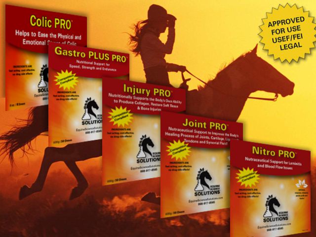 Equine Science Solutions PRO supplement lineup including the Nitro PRO package, set against a galloping horse