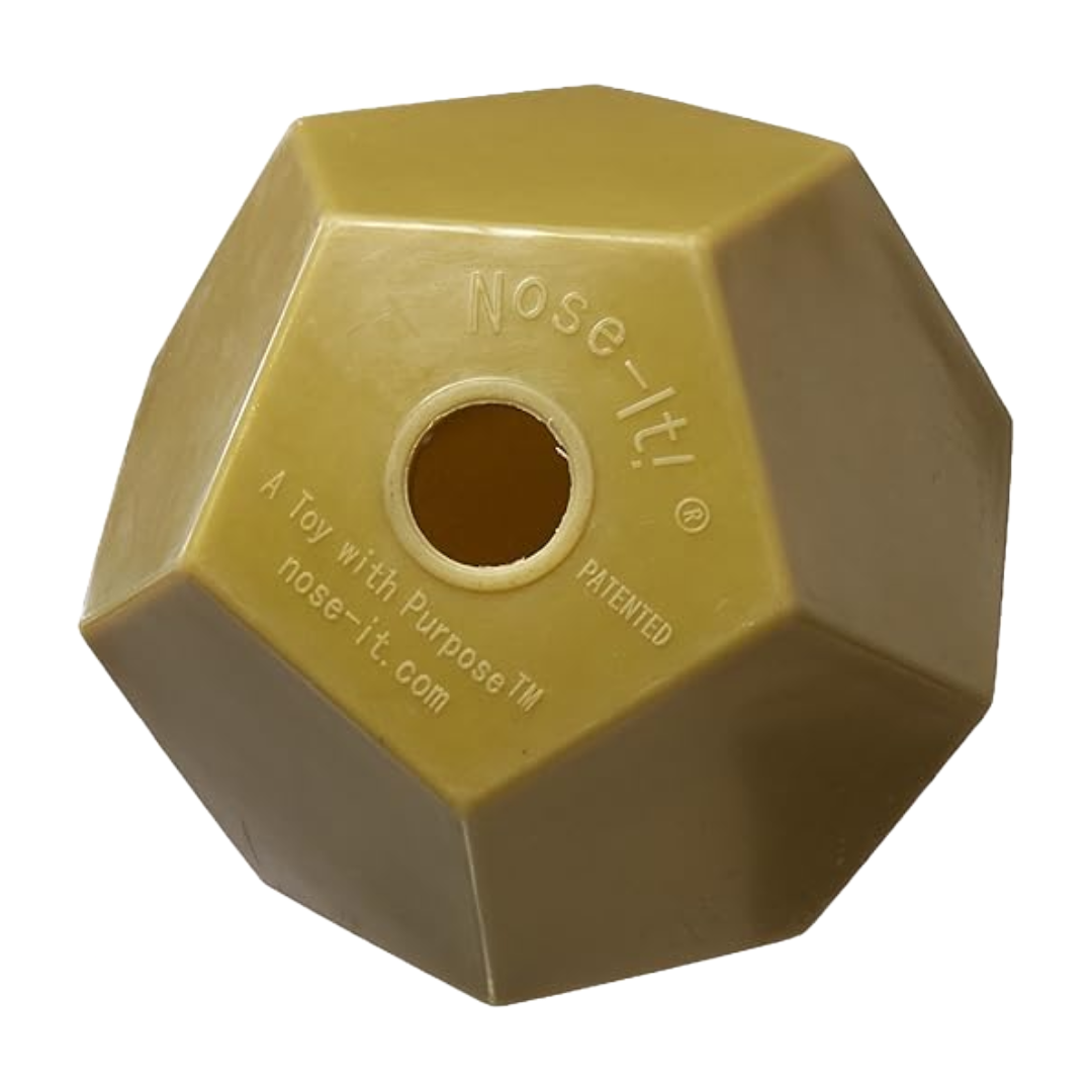 Sandstone Flat Fill Nose-It!® treat ball sized for pelleted feed and smaller treats