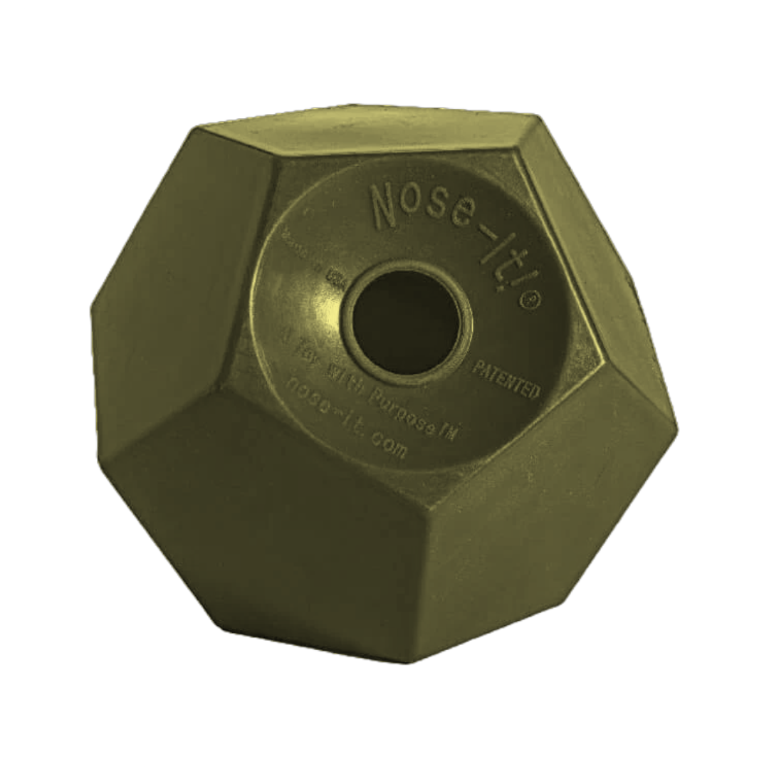 Olive-green Funnel Fill Nose-It!® ball with a wide loading opening for hay cubes and larger treats