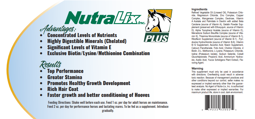 Nutra-Lix Plus horse supplement back label with feeding directions