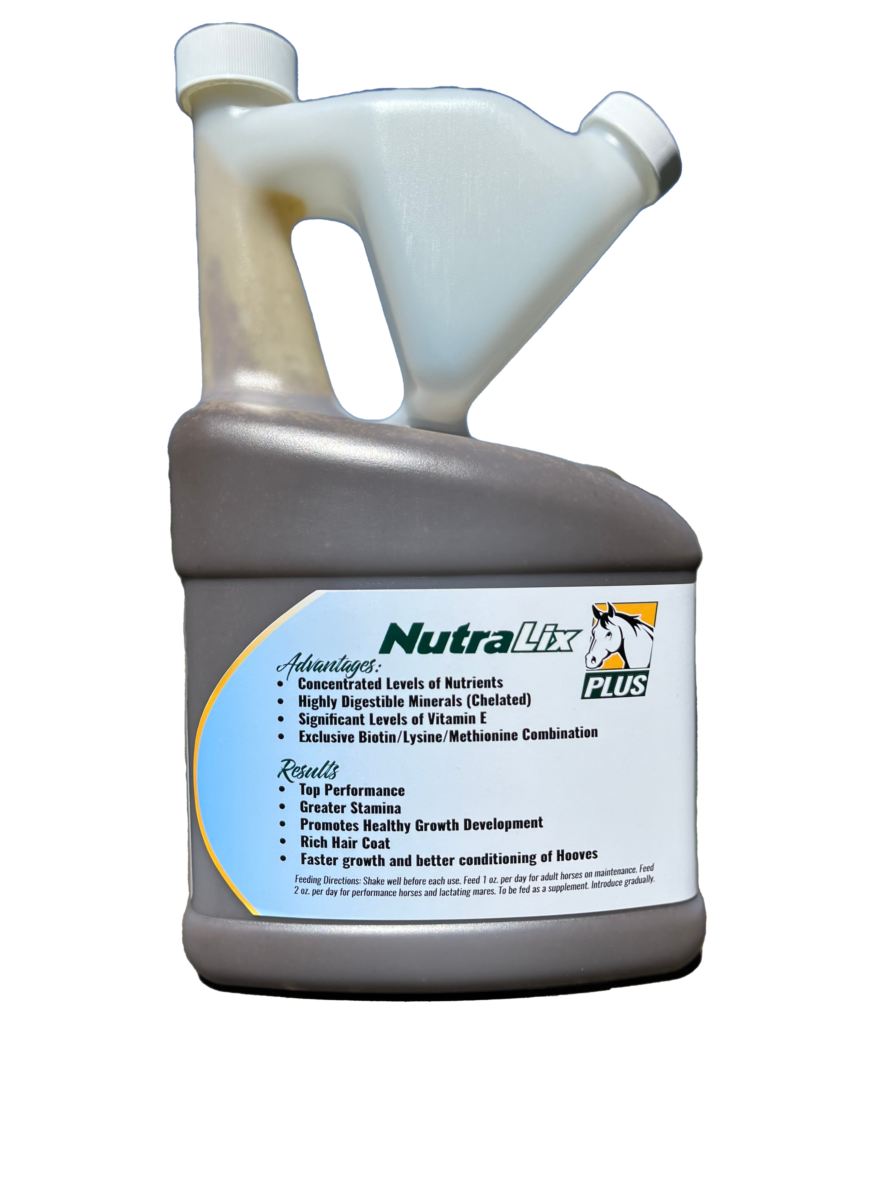 Nutra-Lix Plus horse supplement ingredient panel and directions