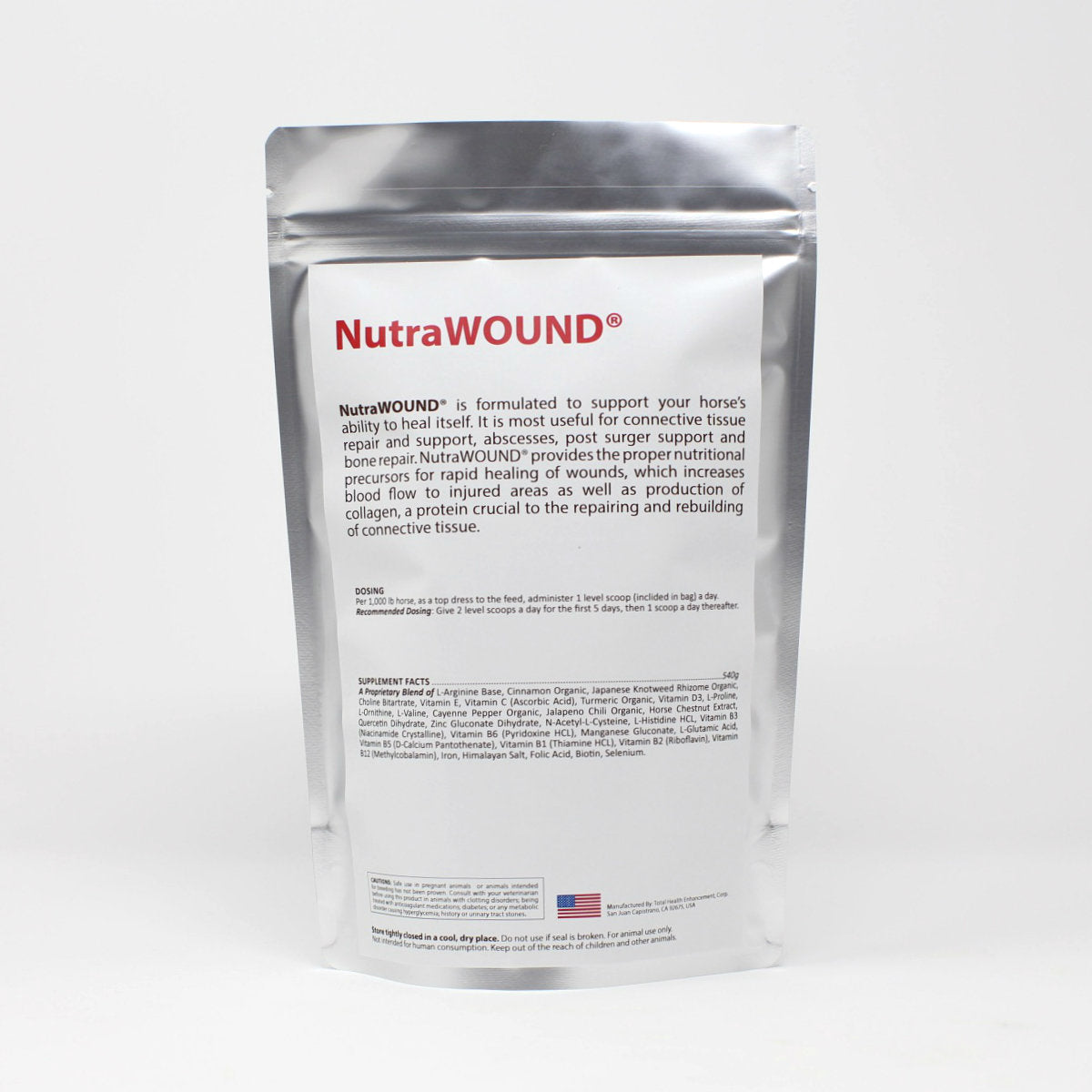 NutraWOUND back label showing proprietary ingredient blend and dosing for horses
