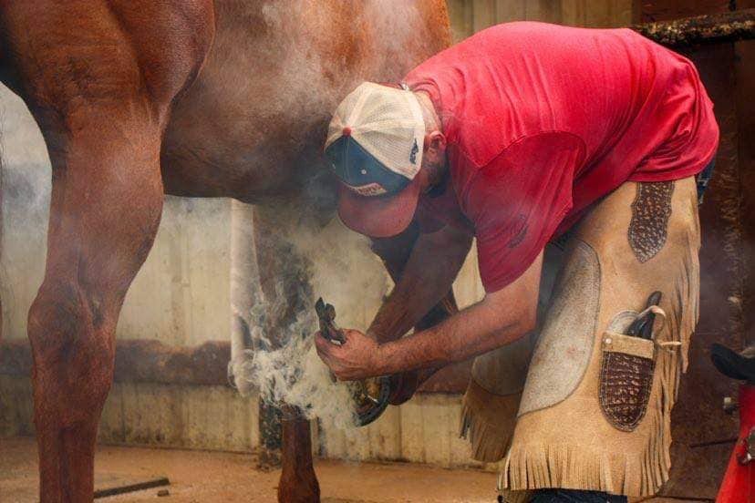 Farrier hot-fitting a shoe under a live horse at Oklahoma Horseshoeing School, smoke rising from the hoof
