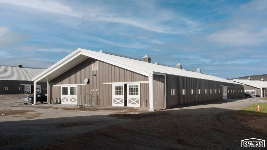 Olympia Steel Buildings clear-span steel horse riding arena exterior front view