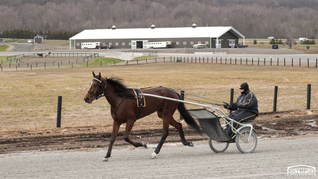 Olympia Steel Buildings covered riding arena with harness equestrian equipment