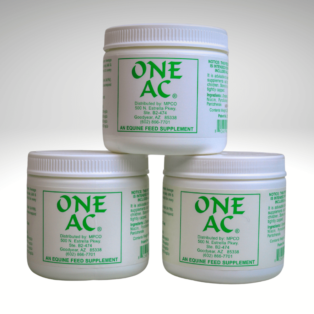 ONE AC anhidrosis powder supplement for horses by MPCO, stacked product jars
