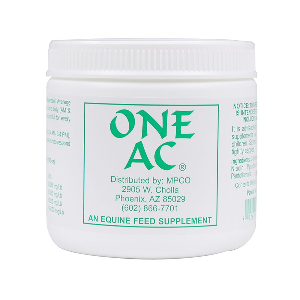 One AC anhidrosis powder supplement label showing ingredients and feeding directions