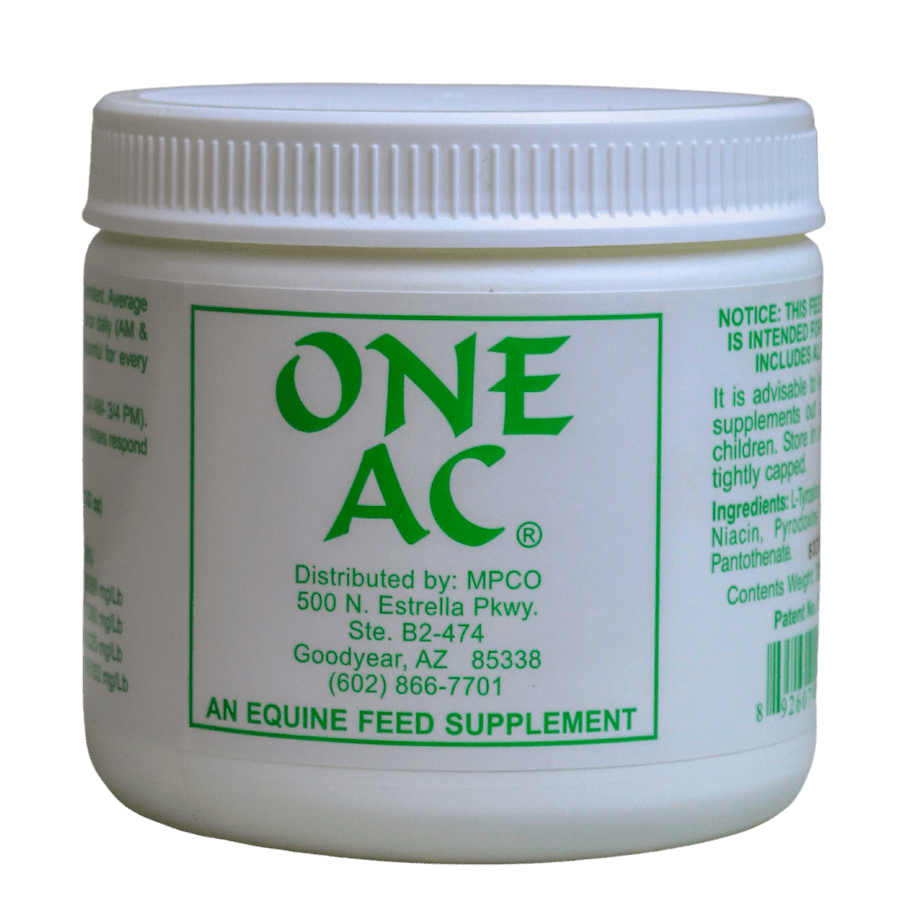 ONE AC equine feed supplement jar from MPCO with green label for non-sweating horses