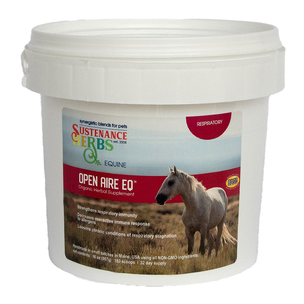Open-Air EQ organic herbal horse respiratory supplement tub on white background