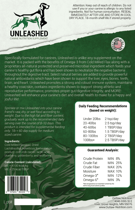 UNLEASHED 4 lb bag back label with feeding directions and guaranteed analysis