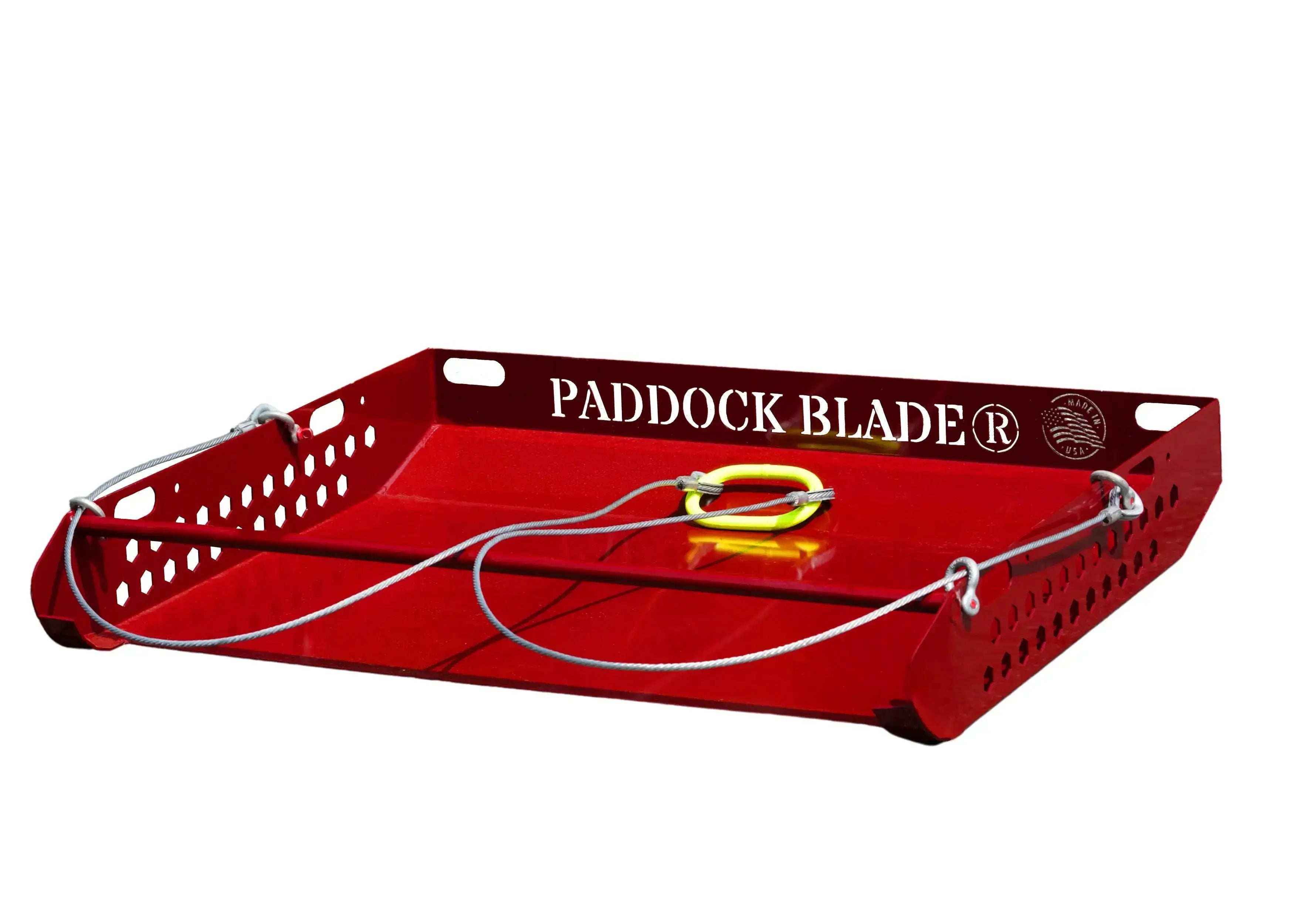 Paddock Blade USA tow-behind horse manure collector in Barn Red
