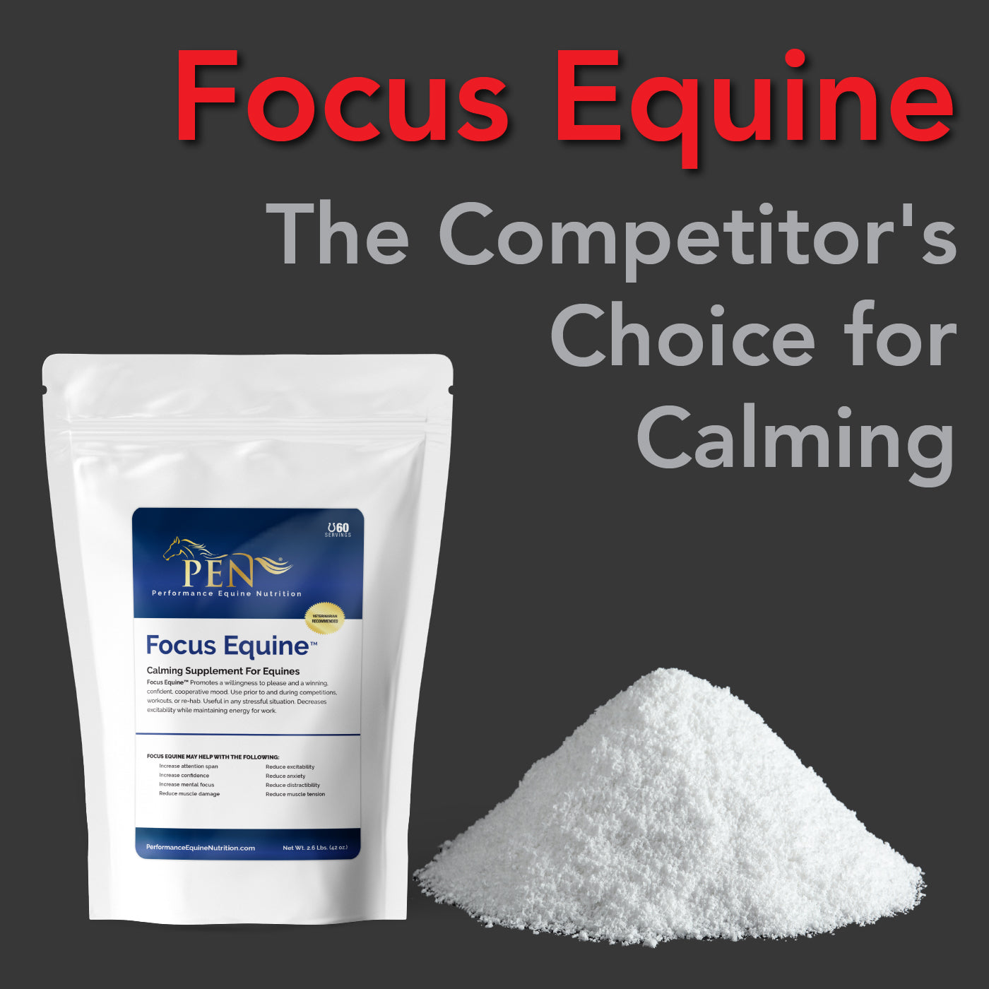 Focus Equine calming supplement pouch beside a pile of the white powder formula