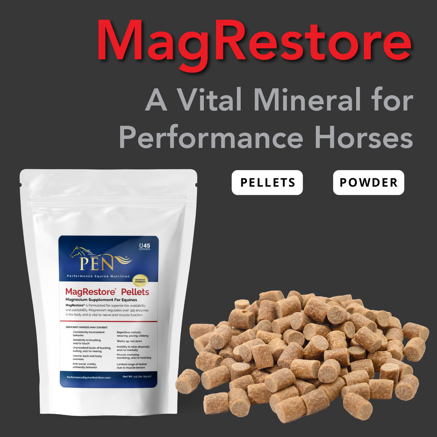 MagRestore magnesium supplement pouch shown beside scattered feed pellets, in pellet and powder forms