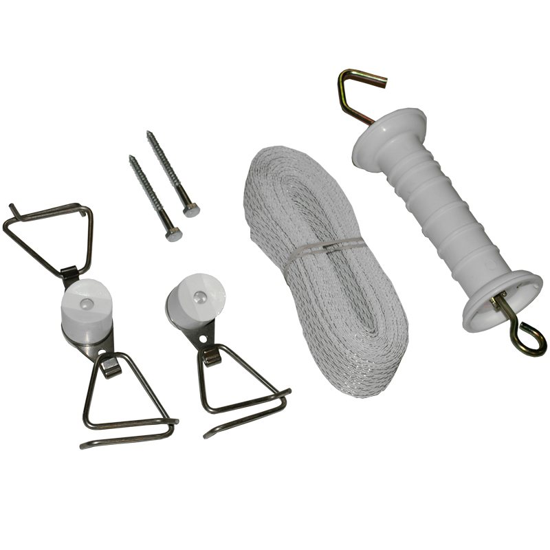 Powerfields 1.5-inch polytape gate kit โ gate handle, insulators with stainless screws and a coil of polytape