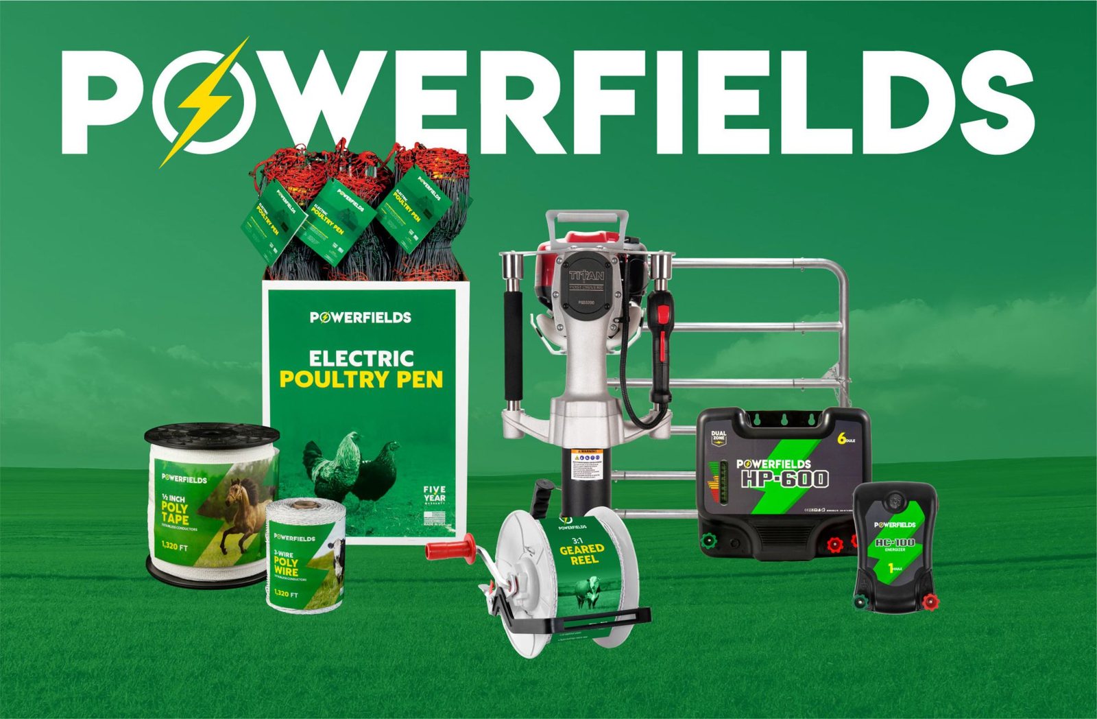 The Powerfields product range: polytape and polywire spools, 3:1 geared reel, HP-600 and AC-100 energizers, electric poultry pen, post driver and tube gate
