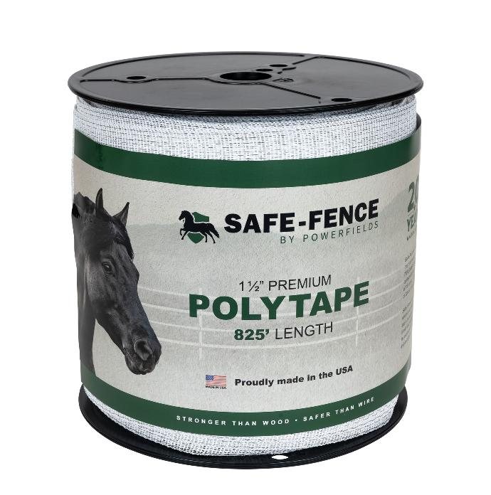 A spool of white SAFE-FENCE 1.5-inch premium polytape, 825-foot length, by Powerfields