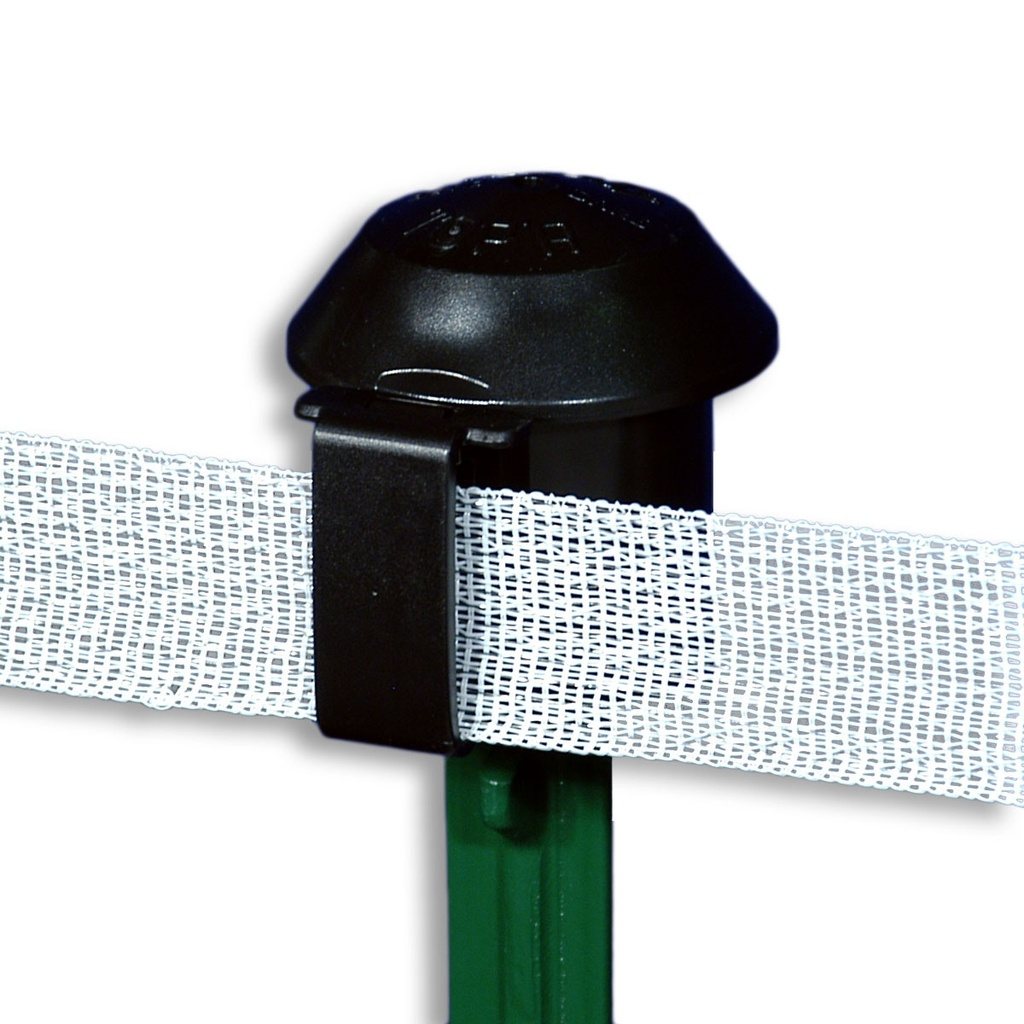 Powerfields T-post cap insulator capping a steel T-post while carrying white polytape