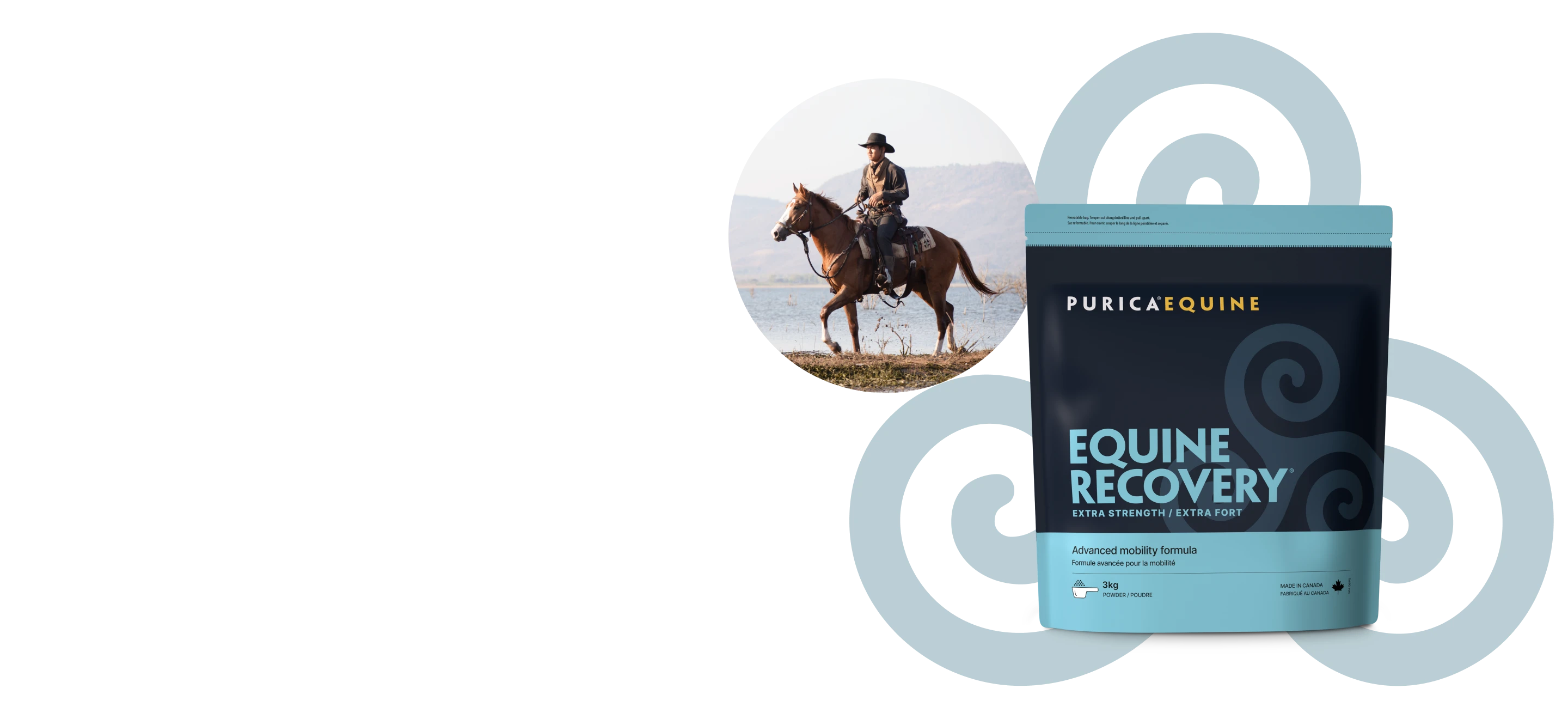 Recovery-EQ equine recovery formula shown beside a rider on a moving, sound horse outdoors