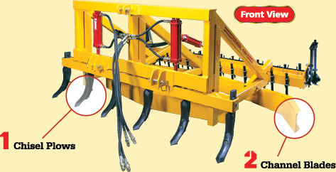 Reveal 4-N-1 ground prep tool front view showing hydraulic chisel plows on a 3-point hitch