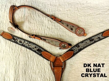Riata Leather Western headstall and breast collar set with blue crystals and hair-on inlay
