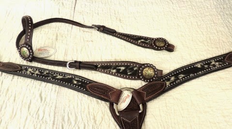 Riata Leather dark oil one-ear headstall and 1.75-inch breast collar set with hair inlay and stainless accents