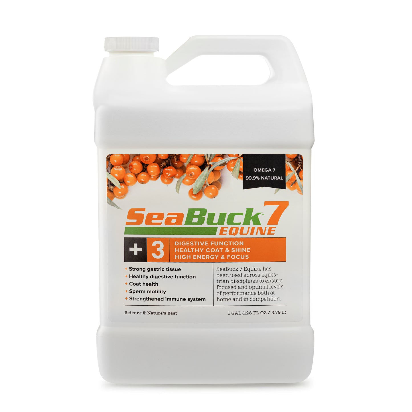 SeaBuck 7 Equine one-gallon jug labeled Omega 7 99.9% Natural with sea buckthorn berries on the front
