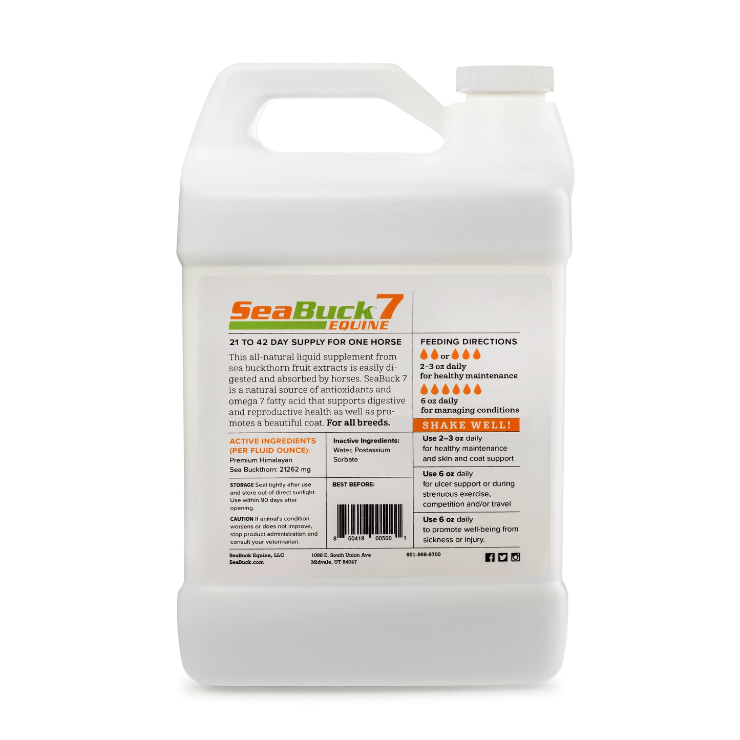 Back label of SeaBuck 7 Equine showing feeding directions, sea buckthorn ingredients and dosing instructions for horses