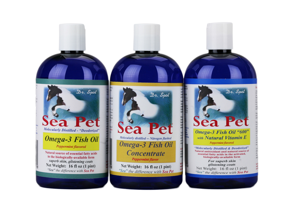 Group of SeaPet Omega 3 Fish Oil bottles in different sizes for horses