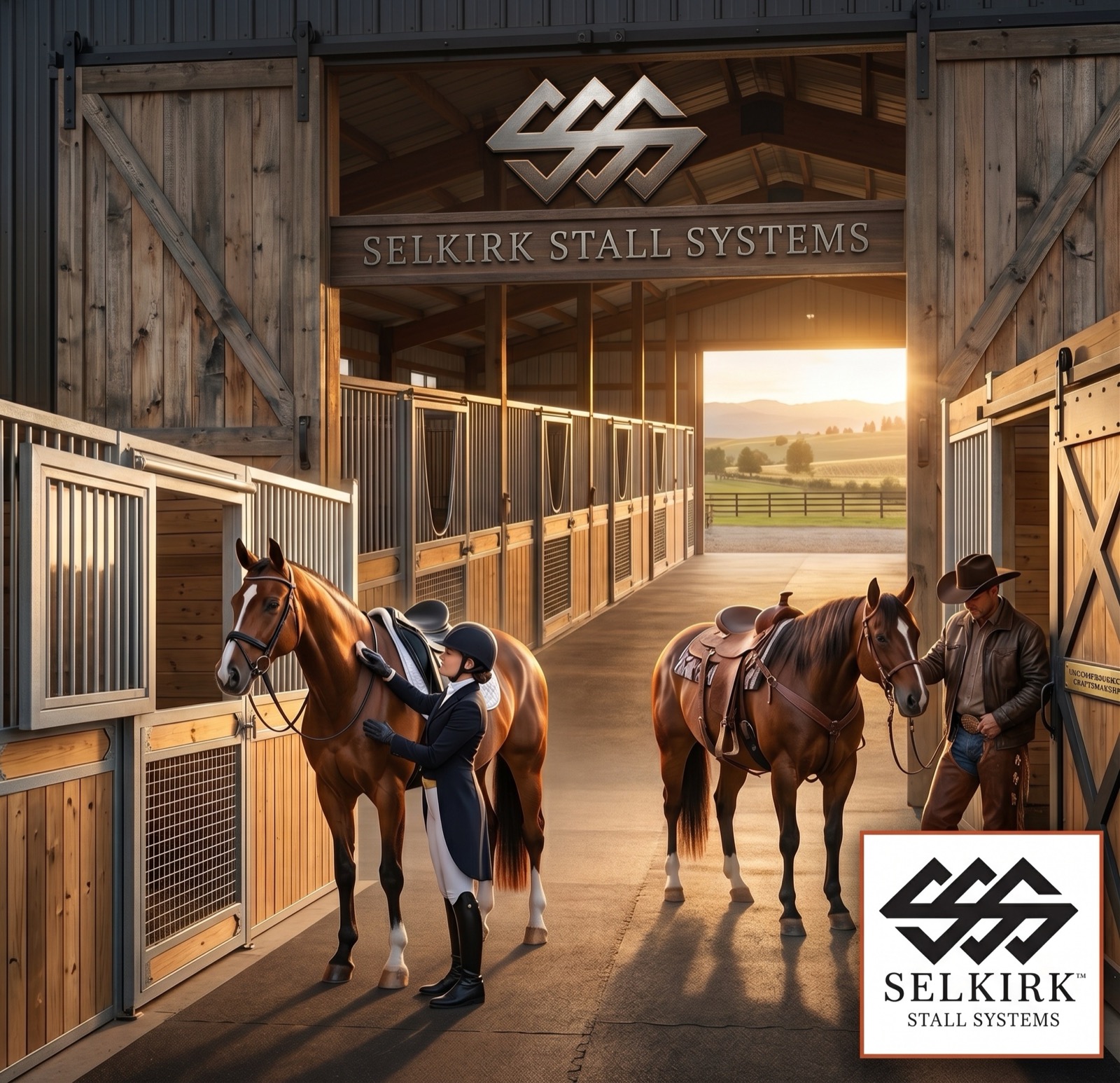 A completed Selkirk Stall Systems horse barn with attached covered runs in northern Idaho