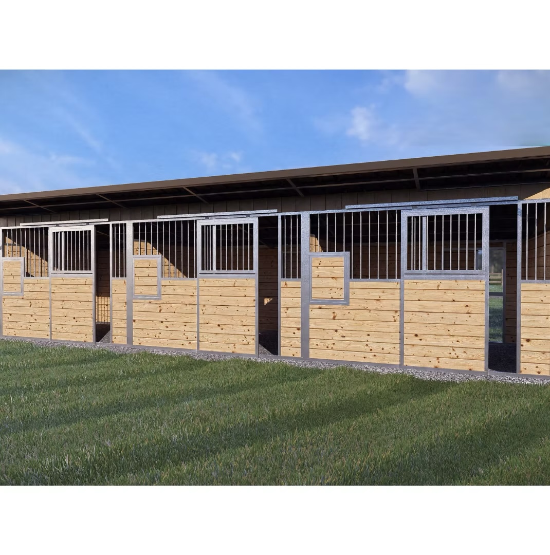 A run of Selkirk stall fronts showing galvanized framing, wood infill panels and grilled upper openings