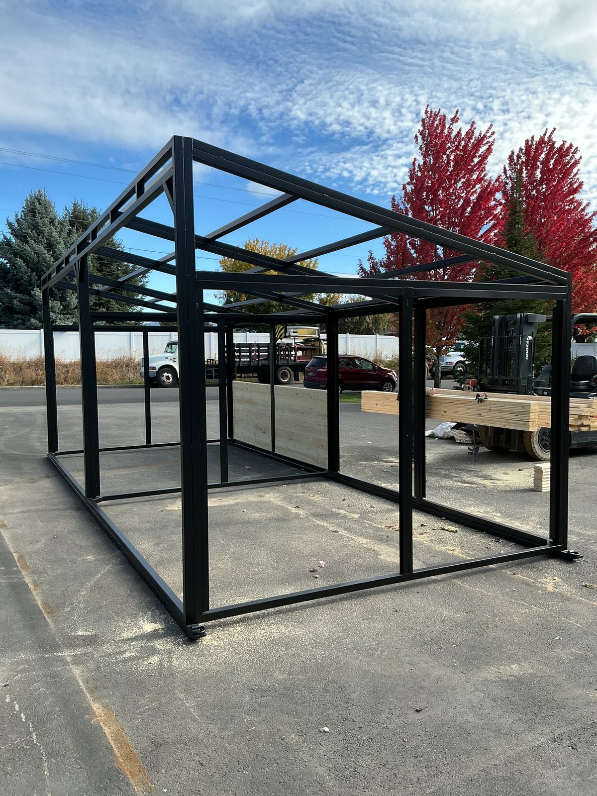 The bare galvanized steel frame of a Selkirk shelter during assembly