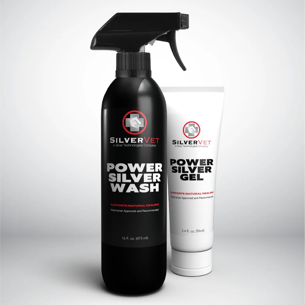 SilverVet Power Package combining Power Silver Wash and Power Silver Gel for equine wound care