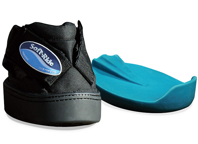 A SoftRide comfort boot shown next to its removable turquoise EVA gel orthotic insert