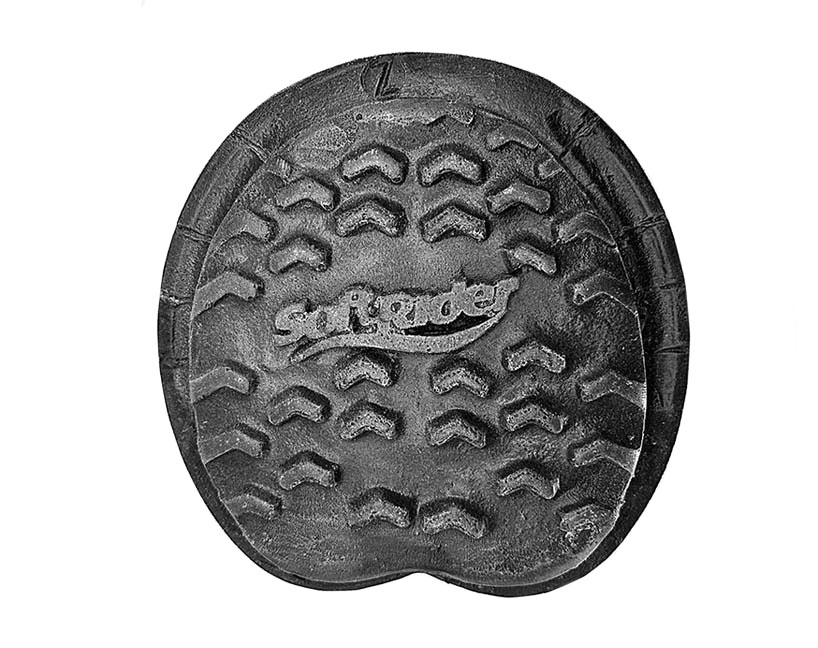 Underside of a SoftRider Carbon Fiber Arena shoe showing the embossed SoftRider name and multi-directional tread