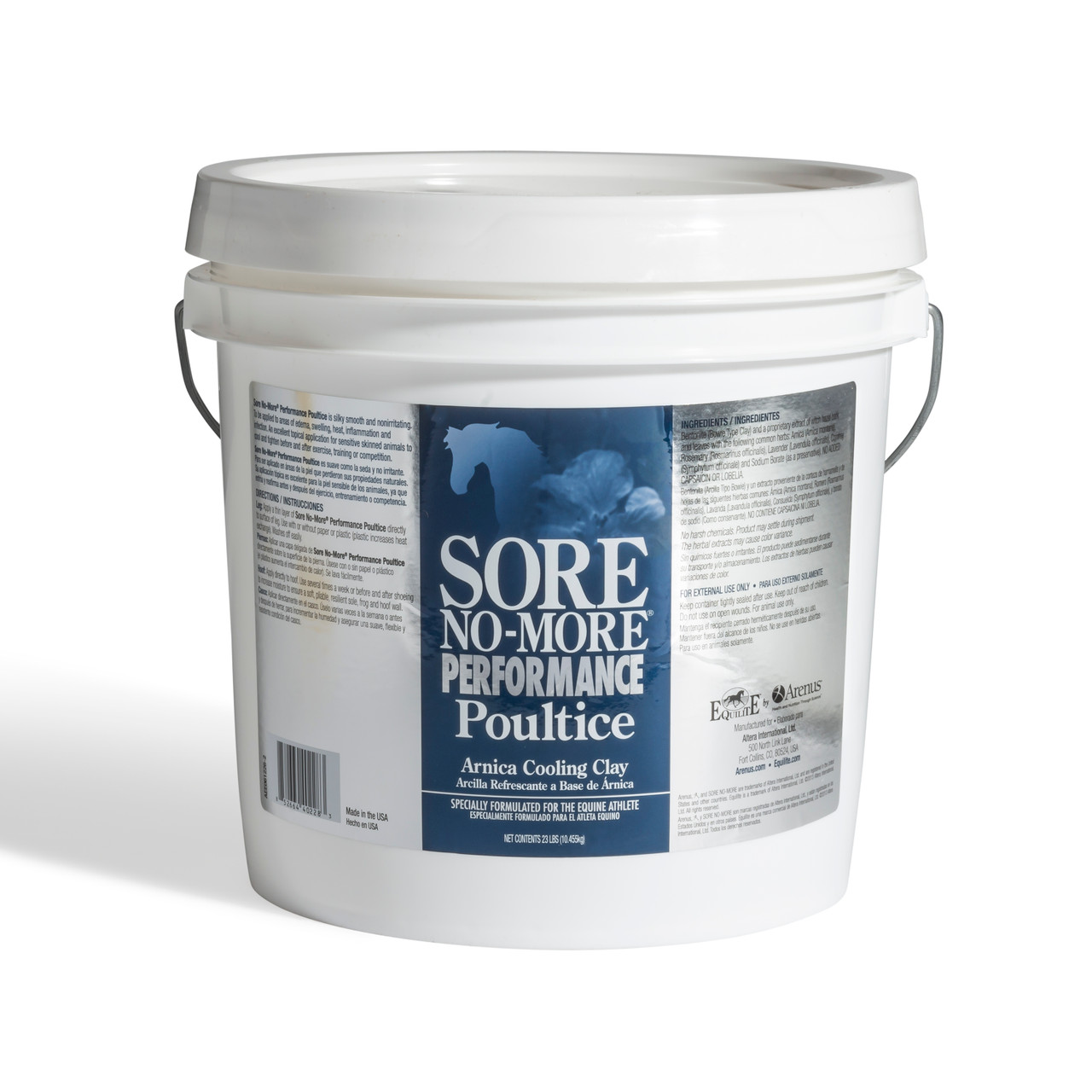 Sore No-More Performance Poultice 23 lb bucket showing the full herbal arnica cooling clay ingredient label