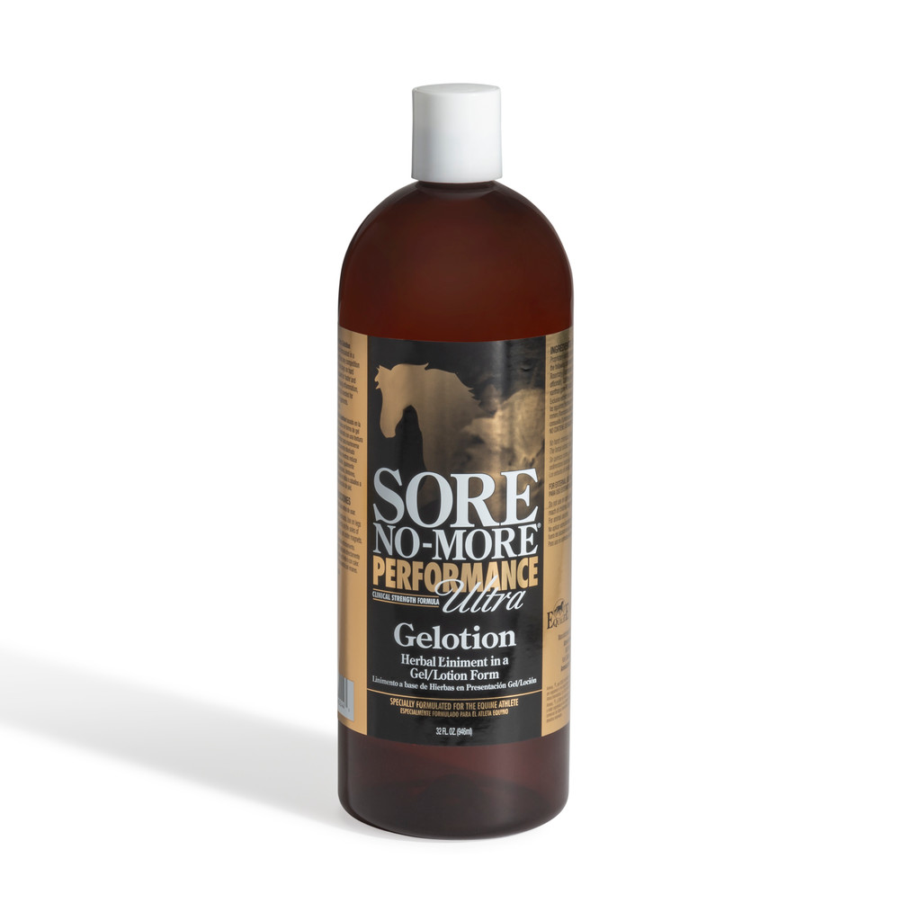 SORE NO-MORE Performance Ultra Gelotion 32 oz bottle showing the clinical strength herbal formula label