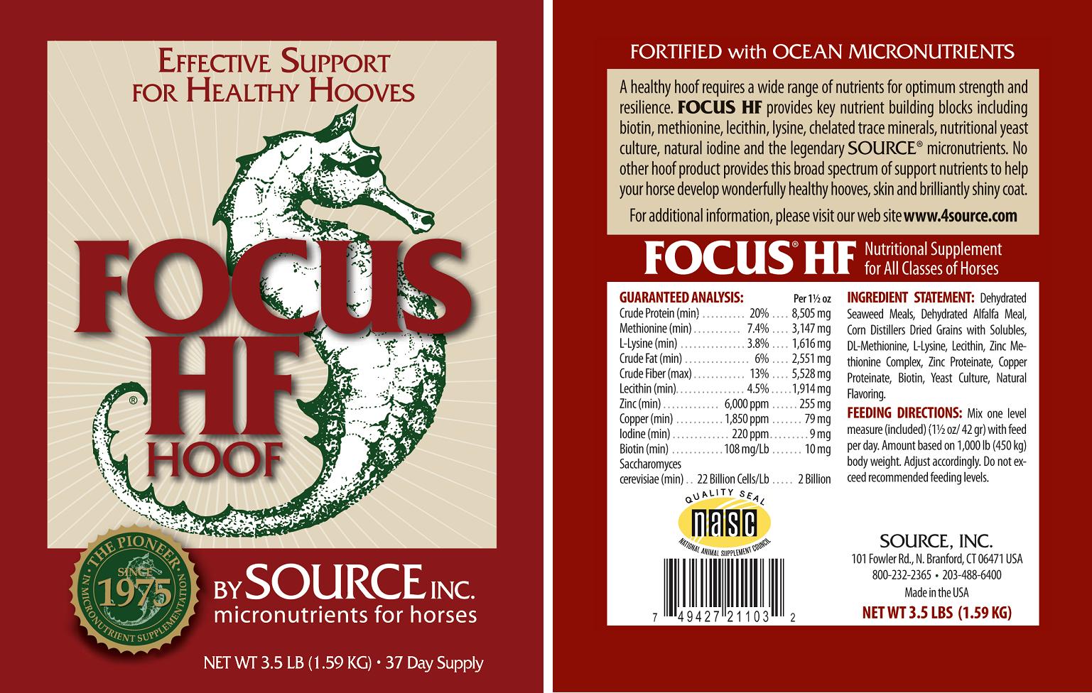 FOCUS HF (Hoof) by SOURCE micronutrients product label and guaranteed analysis