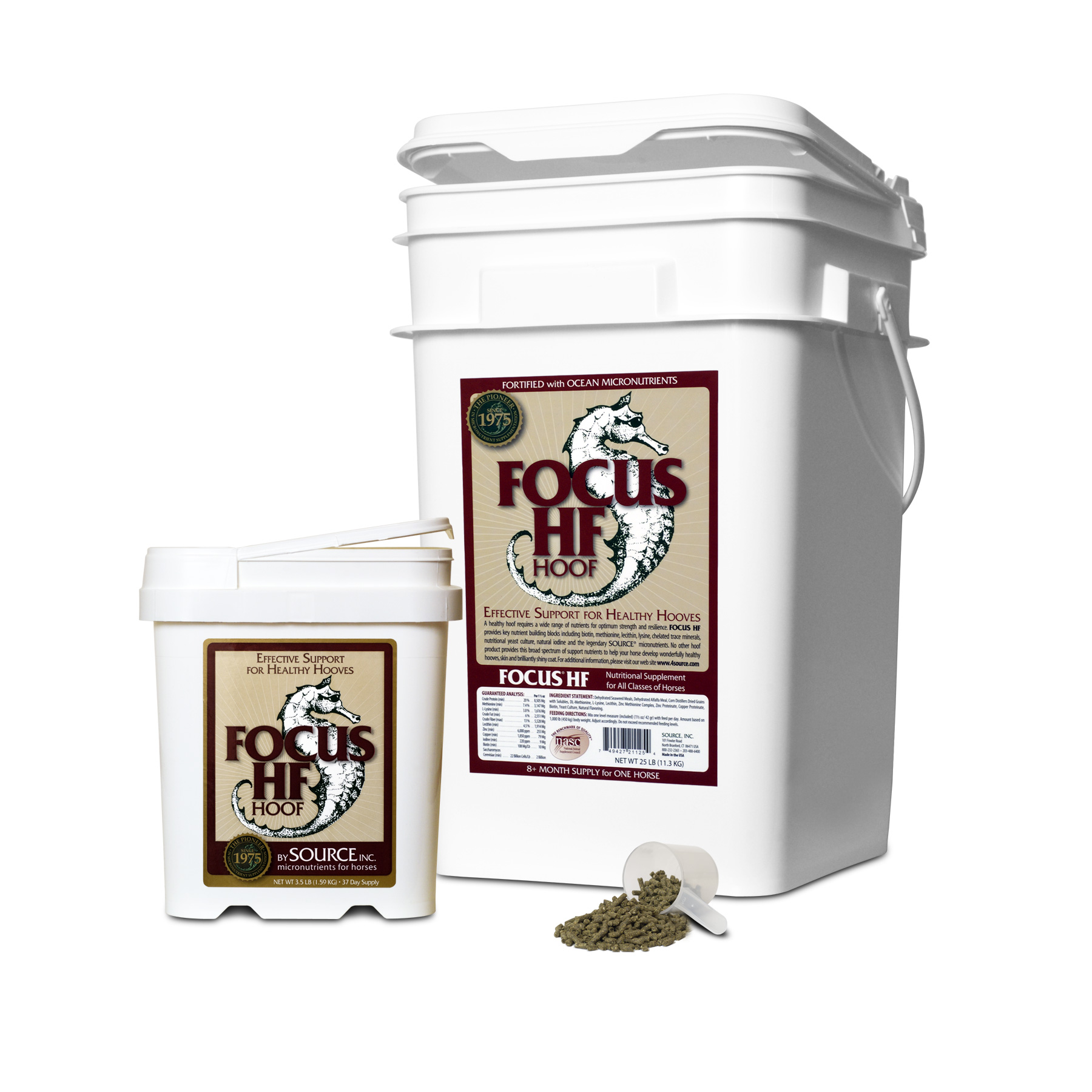 FOCUS HF Hoof supplement by SOURCE Inc open container of pelleted equine hoof micronutrient