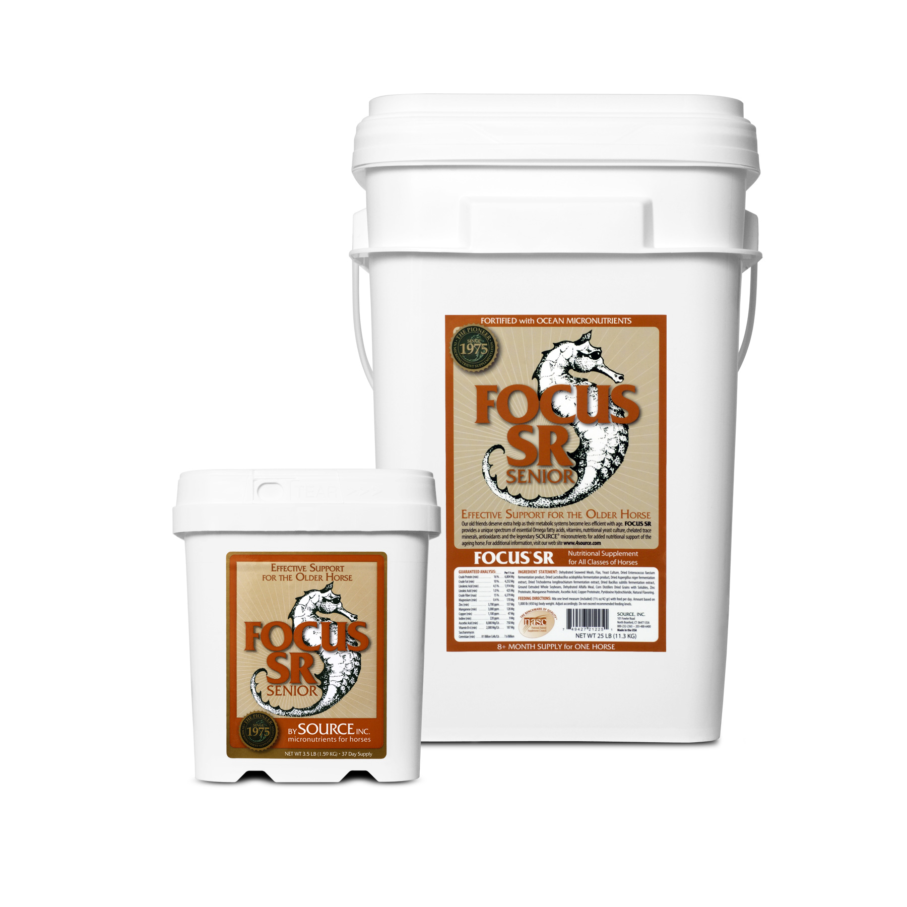 Sealed bucket of Source Focus SR senior horse micronutrient supplement from SOURCE, INC.