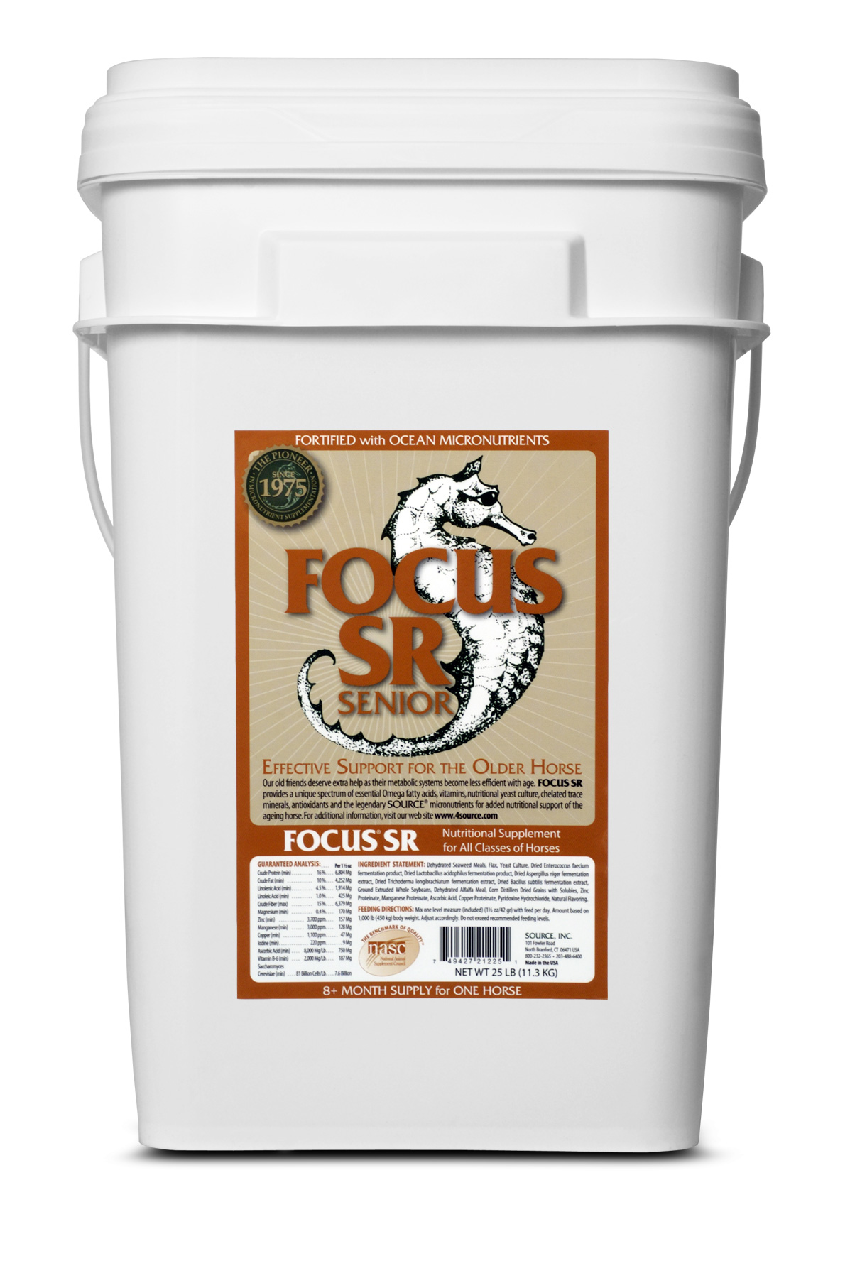 Detail view of the large Source Focus SR bucket label for senior horse micronutrient supplementation