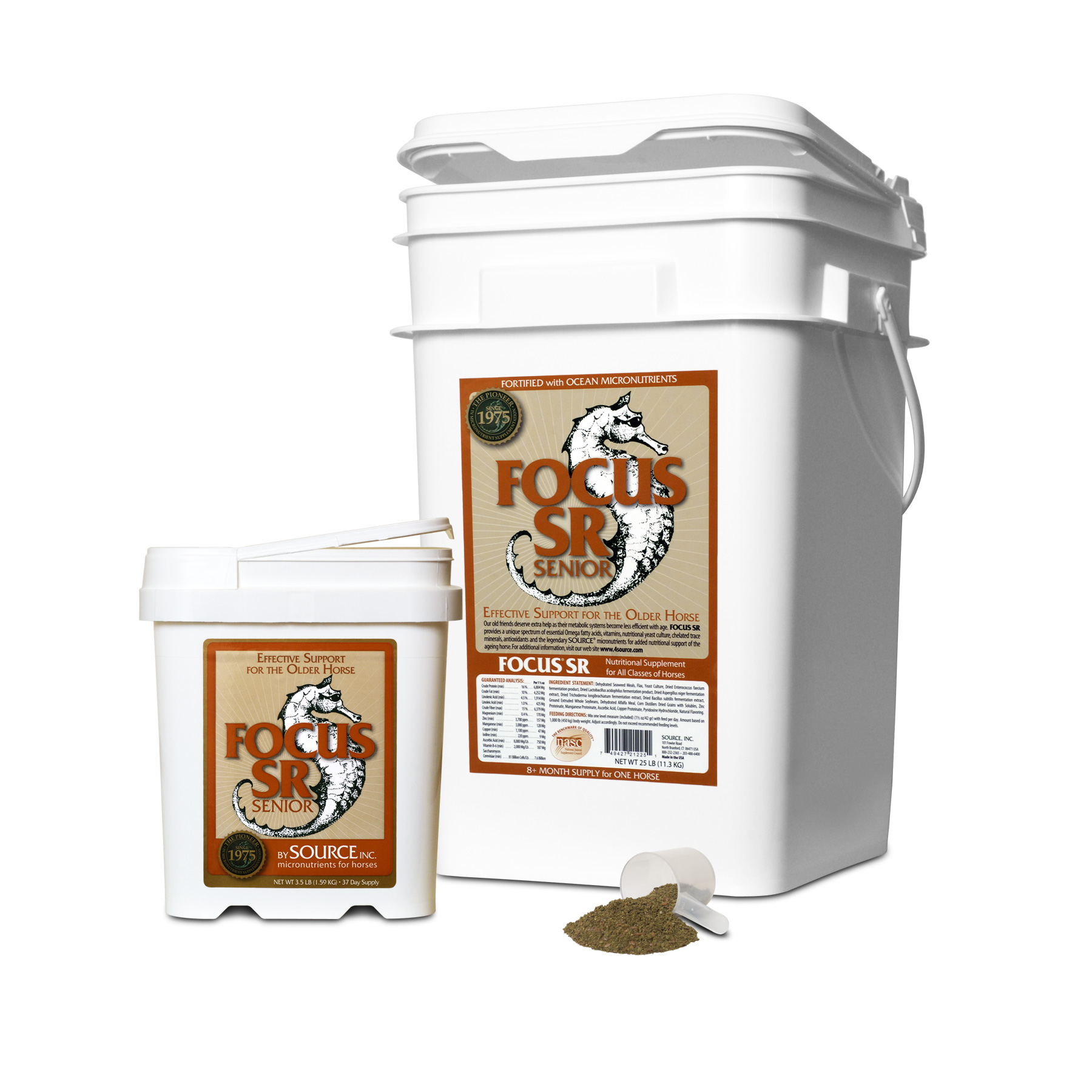 Open bucket of Source Focus SR senior horse micronutrient supplement showing the fine seaweed-based powder inside