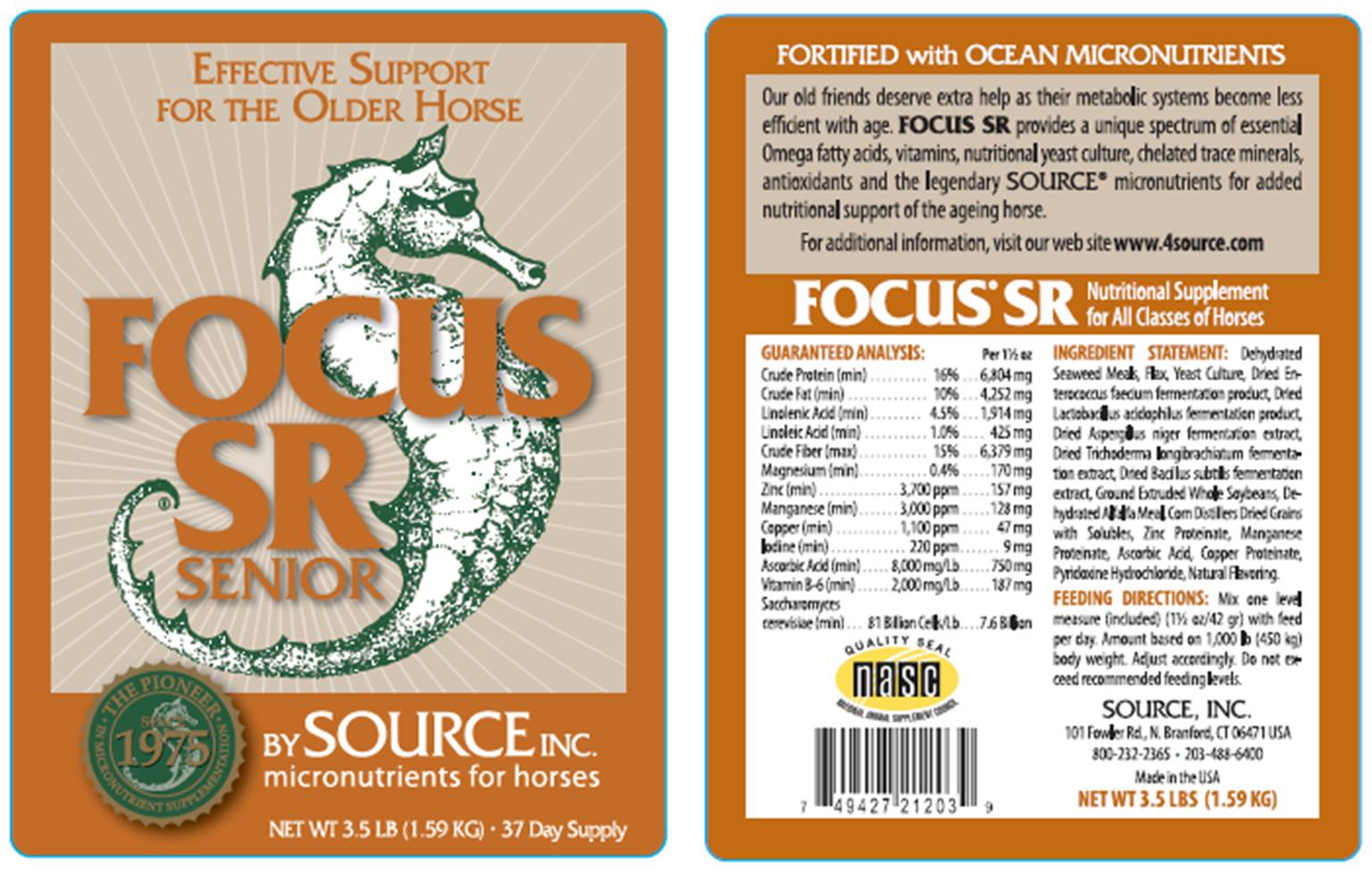 Source FOCUS SR Senior ingredient and guaranteed analysis label panel
