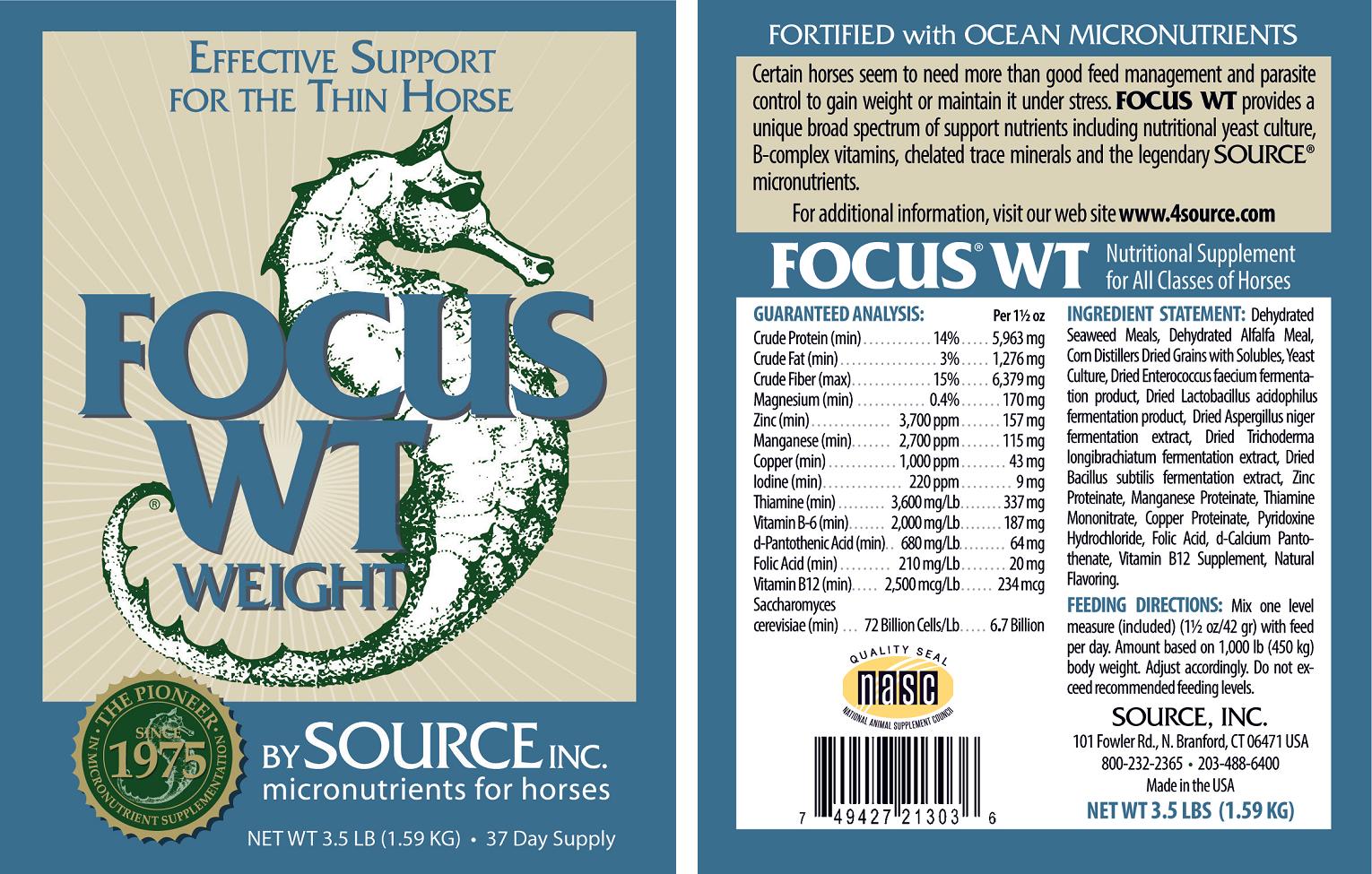 Focus WT by SOURCE label showing the guaranteed analysis and full ingredient statement for the weight formula