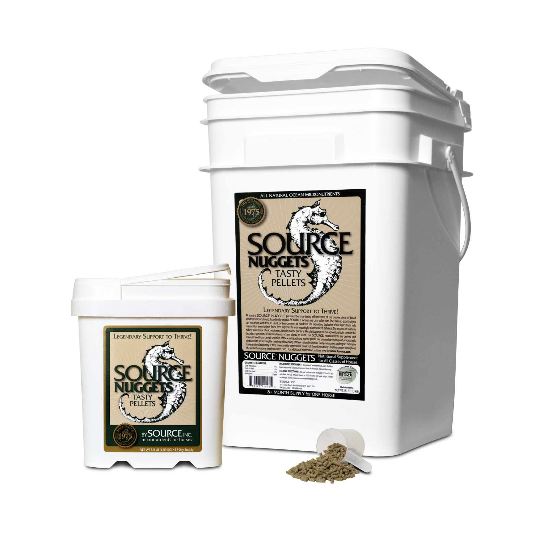 Pelleted Original SOURCE Nuggets buckets with a scoop of tasty seaweed pellets